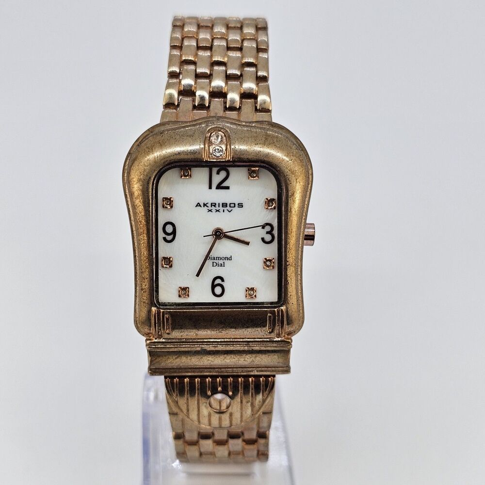 Akribos XXIV Women Watch 32MM Horseshoe White Dial Rose Gold Band 8" New Battery